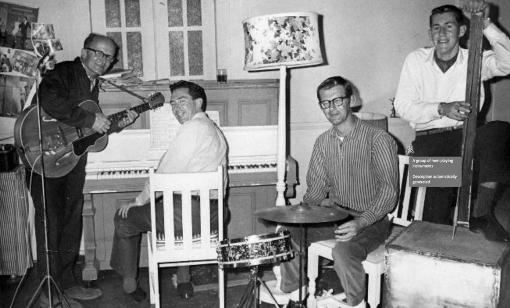 Black and white photo of four male performers at Tradewinds cabaret, Lord Howe