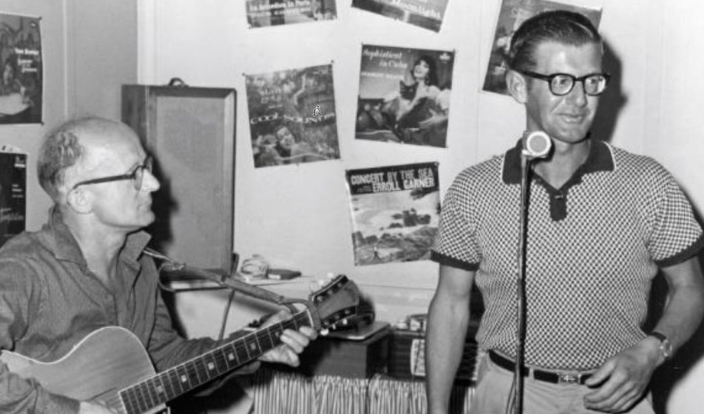 Black and white photo of two male performers at Tradewinds cabaret, Lord Howe