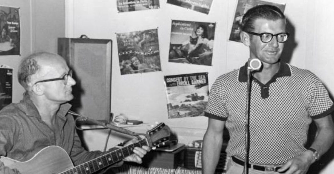 Black and white photo of two male performers at Tradewinds cabaret, Lord Howe