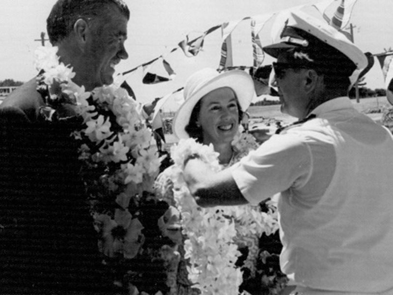 David with VIPs: the State Governor of NSW, Sir Eric Woodward and his wife, Amy, receiving leis on behalf of Ansett Airlines.