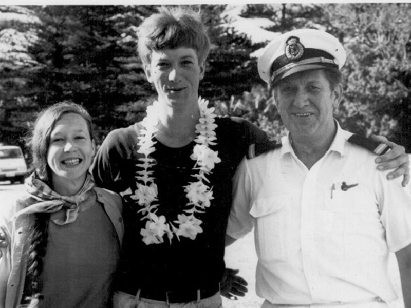 From left to right: Jann Garton (David’s second wife), son Chris (centre), and David on a flying boat day.