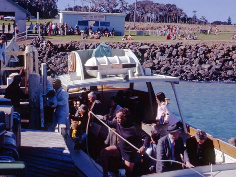 The new passenger terminal erected in 1959, with its ‘Welcome to Lord Howe Island’ sign and piped island music, became a bustling social hub whenever the flying boats arrived. Photos courtesy of the Chartres family and the LHI Museum