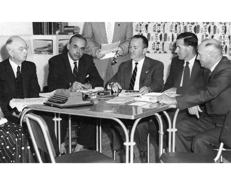 Jim Whistler was often elected as the Island’s representative on the Lord Howe Island Board. From left to right Mr Jones (Board member), Gerald Kingsmill (Chairman), Albert Sloss (Labor MP), Jim Whistler, Jim McBean (Island Superintendent). Photo courtesy of the LHI Historical Society