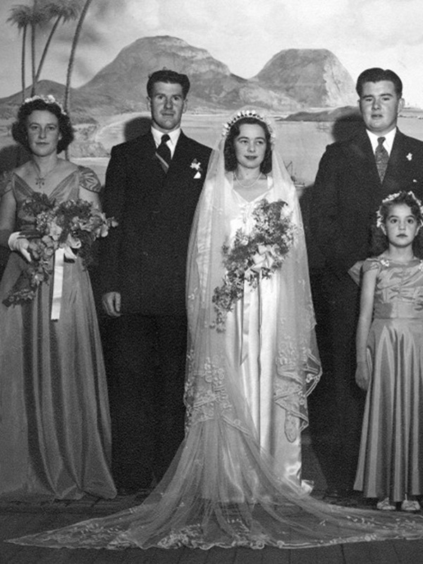 Jim Whistler and Lois Shick were married in 1949. From left to right: Thelma Wilson (nee Shick); Jim and Lois Whistler, Ross Harvey (best man), Deanna Davies (flower girl). Photo courtesy of the LHI Historical Society