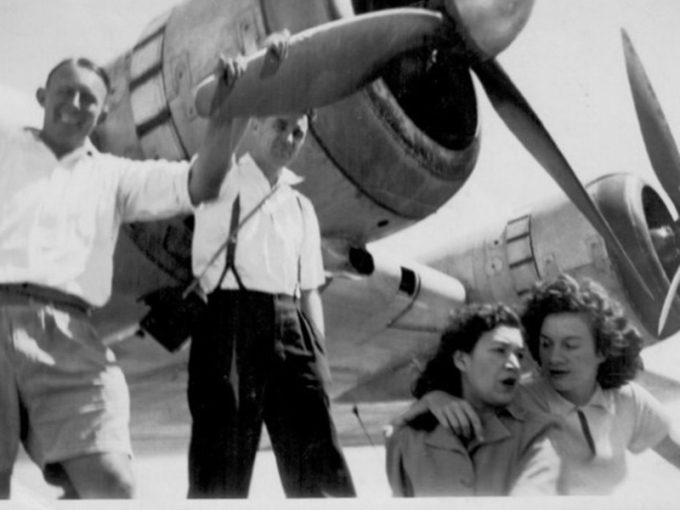 The text on the rear of this photo say’s “Hail Sire”! Whilst there is no other information, it might easily have been taken during TOA‘s first visit to Lord Howe, with Gerald Kirby delighted to see a large four-engine flying boat riding safely on the lagoon at Lord Howe. From left to right: Gerald Kirby; (?), Monnie Morris, Rose Richardson (nee King) (Photo courtesy of the McFadyen family)