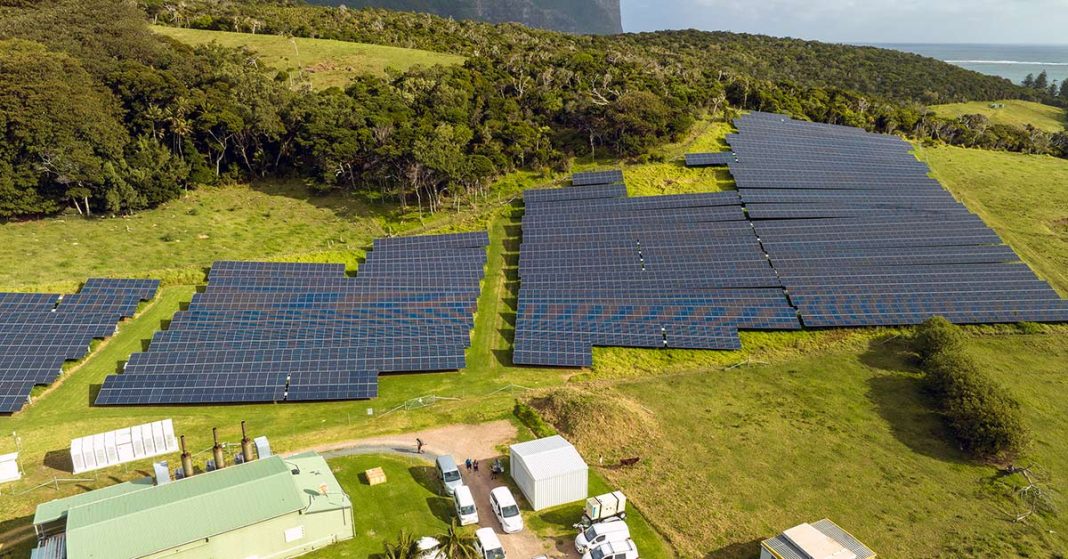 An aerial shot of all the solar panels on Lord Howe Island.