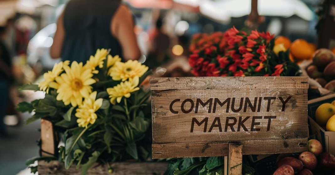 Vibrant flowers and produce surround a community market sign.