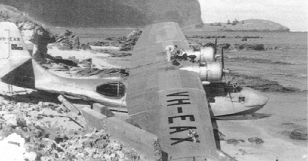 Two engineers undertake salvage of parts from Qantas Catalina in June/July, 1949.  (photo LHI Historical Society – Arthur Lenevez)